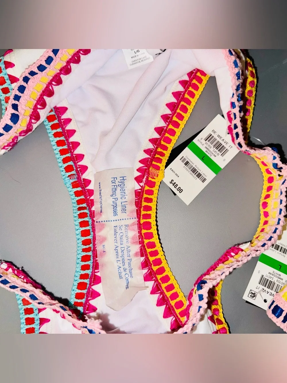 Bar III Be-Weave It NWT White Multicolor Crochet Trim 2-Piece Bikini Swimsuit L